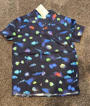 Paul Smith Boys Size 12 Year Short Sleeve 100% Cotton Button Up Shirt Fish print